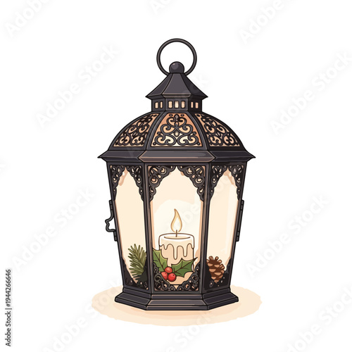 Ornate Black Lantern with Candle and Decor.