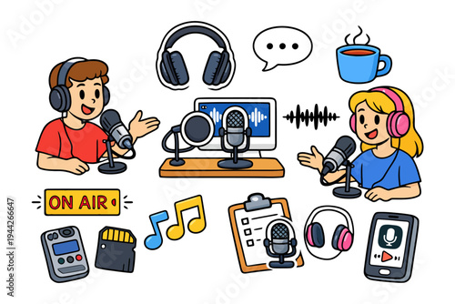 Cartoon kids podcasting session with microphones and headphones.