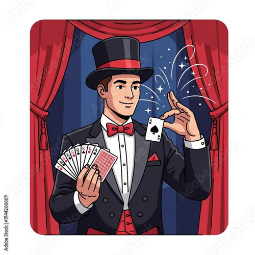 Magician in Top Hat Performing Card Trick.