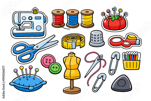 Colorful sewing tools collection featuring mannequin, pins, and thread reels.