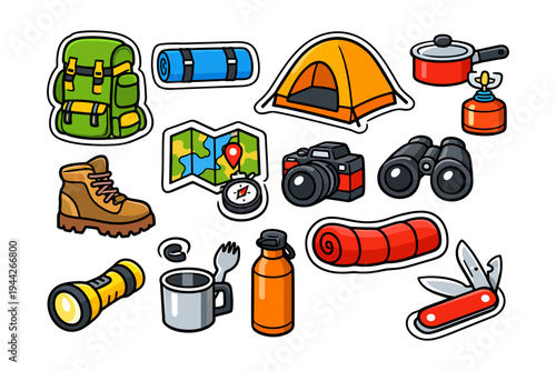 Illustrated camping gear collection with tent, backpack, and cooking supplies.
