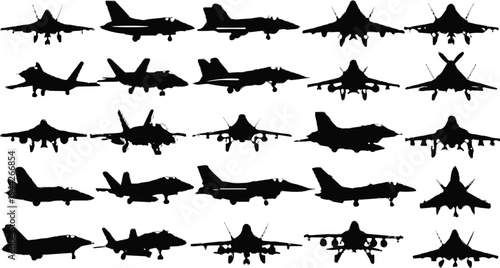 WebCollection of Fighter Jet Silhouettes Featuring Modern Military Combat Aircraft in Multiple Angles Isolated on White Background