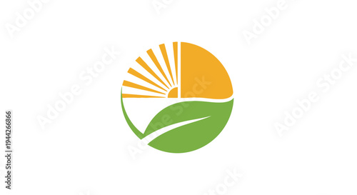 Sun Rays on Green Leaf in Circle Design, Isolated White Background