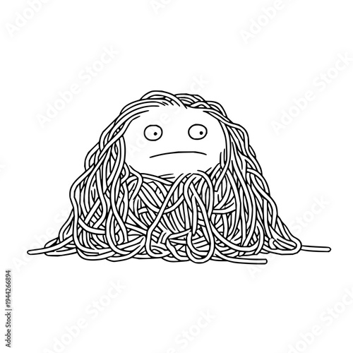 Tangled noodle illustration with frowning face messy strands and tangled mess on white background simple black and white line art