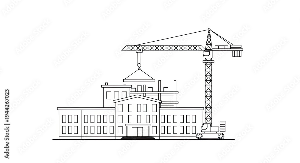 Fototapeta premium Construction site with crane building structure line art illustration