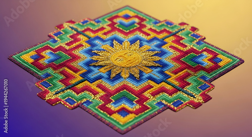 Vibrant colorful geometric pattern with sun design on gradient background