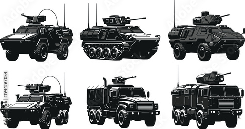 WebCollection of Modern Armored Military Vehicles Featuring Wheeled and Tracked Tactical Combat Transport Units with Mounted Weapons Systems