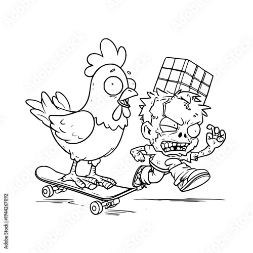 Cartoon zombie chasing frightened chicken riding skateboard black and white illustration humorous monster and poultry interaction scene