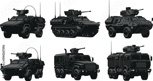 WebModern Armored Military Vehicles Collection Featuring Tactical Wheeled and Tracked Combat Transport Units with Mounted Weapons and Communication Antennas