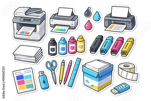 Colorful office supplies and printers with ink cartridges.