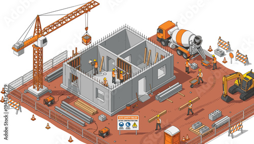 Busy Construction Site with Tower Crane, Concrete Mixer Truck and Workers Building Residential Structure – Isometric Infrastructure Development Illustration