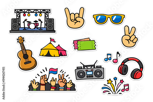 Festival icons: music, fun, and celebration with stickers of stage, guitar, tickets, and more.