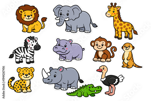 Colorful cartoon safari animals collection: lion elephant giraffe zebra and more.