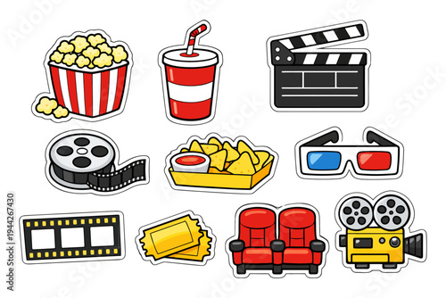Colorful movie night icons collection: popcorn, snacks, film reel, 3d glasses, clapperboard.
