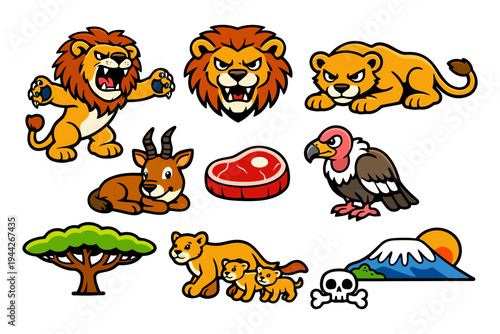 Cartoon safari animals with lion, gazelle, vulture, acacia, and mountain scene.