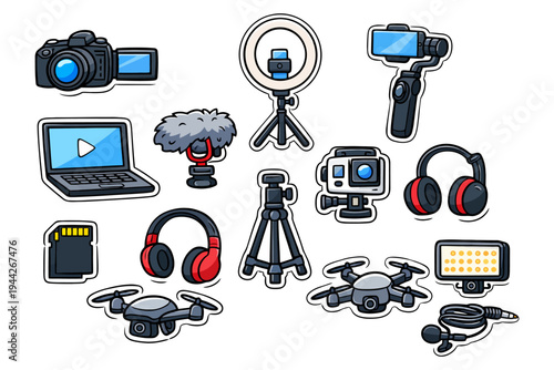 Collection of video and photography equipment icons featuring cameras and drones.