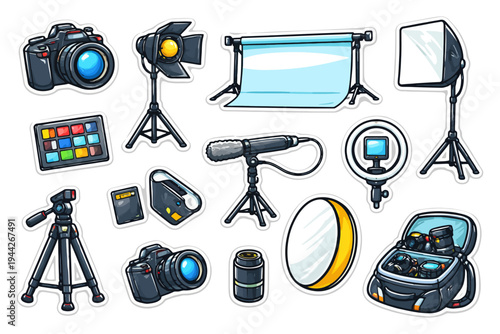 Photography equipment icons set: camera, lighting, backdrop, microphone, tripod, lens.