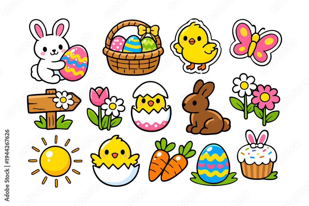 Obraz premium Colorful easter icons with bunny, chick, eggs, and spring flowers.