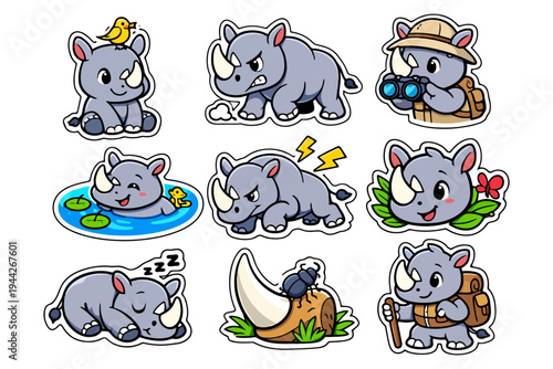Cute rhino cartoon stickers with playful animal characters.