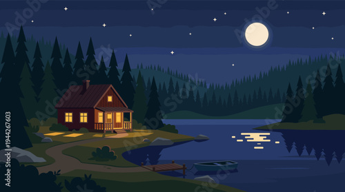 A serene scene depicts a cozy cabin by a lake, illuminated by warm lights under a bright moon and starlit night, creating a tranquil and inviting atmosphere in the forest.