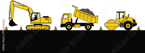 Road Construction Scene with Excavator, Dump Truck and Road Roller – Heavy Machinery Working on Asphalt Paving Project Illustration