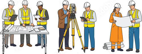 Construction Engineers and Surveyors Reviewing Blueprints and Using Theodolite – Professional Building Planning and Land Survey Team Illustration