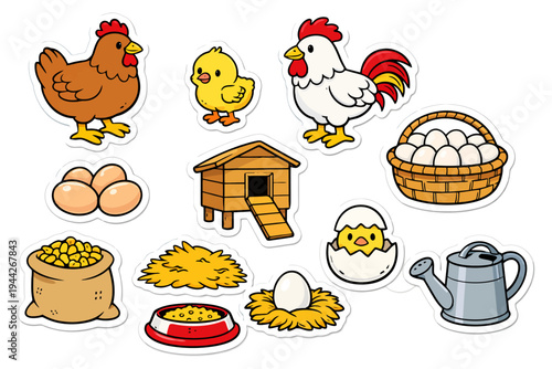 Cartoon farm animal stickers: chicken, chicks, eggs, rooster, henhouse.