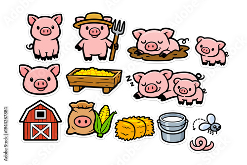 Cute farm pig stickers with barnyard animals and farm tools.