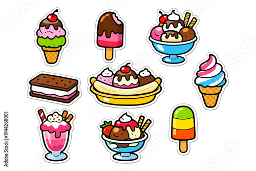 Colorful ice cream desserts and popsicles with bananas and cherries.