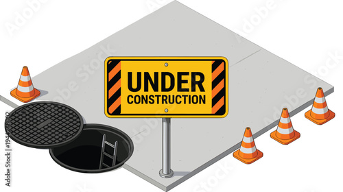 Under Construction Warning Sign with Open Manhole, Safety Cones and Ladder on Concrete Surface – Roadwork Hazard Concept Illustration