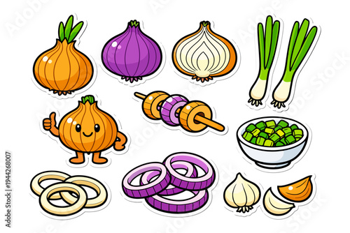 Cute cartoon onion varieties and dishes with green onions and garlic.