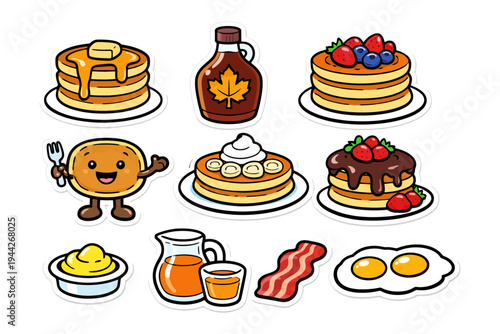 Cute pancake and breakfast food stickers with maple syrup, berries, and eggs.