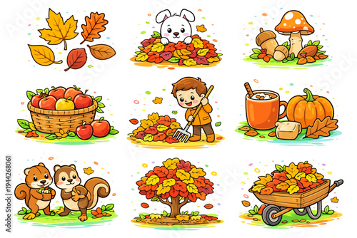 Autumn activities and animals: kids, leaves, and cozy fall scenes.