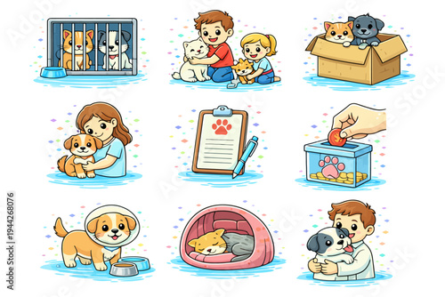 Cute cartoon pets and children in various activities and settings.