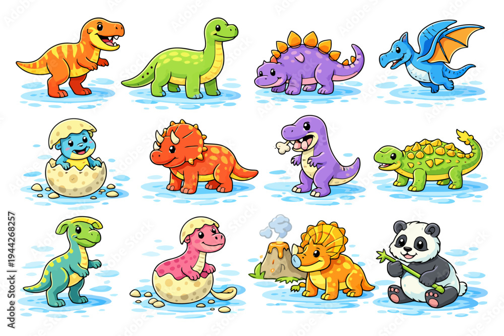 Fototapeta premium Colorful cartoon dinosaurs and cute panda in playful scenes.