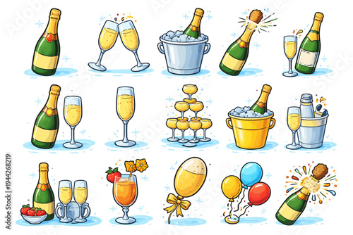 Champagne celebration: glasses, bottles, and party decor elements illustrated.