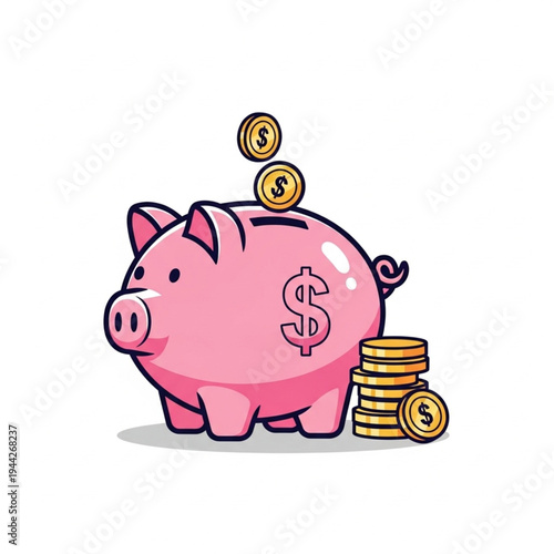 Piggy Bank with Coins and Dollar Sign.