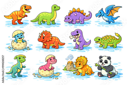 Colorful cartoon dinosaurs and cute panda in playful scenes.