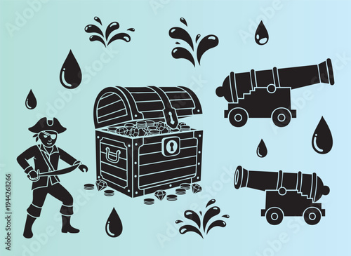 Cartoon pirate treasure hunt with cannons and chest isolated illustration