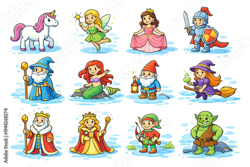 Fantasy characters illustration with unicorn, fairies, and knights.