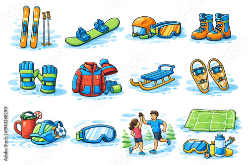 Winter sports equipment and activities with ski, snowboard, and active couple.