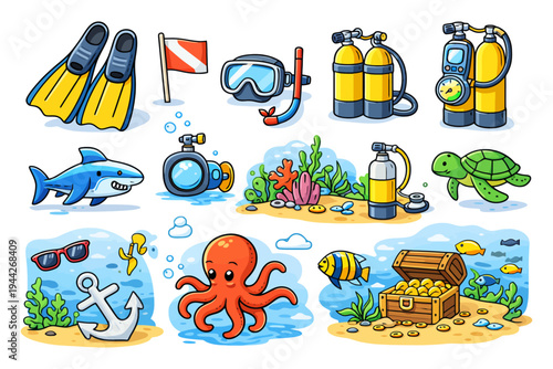 Colorful cartoon ocean adventure with marine animals and diving equipment.