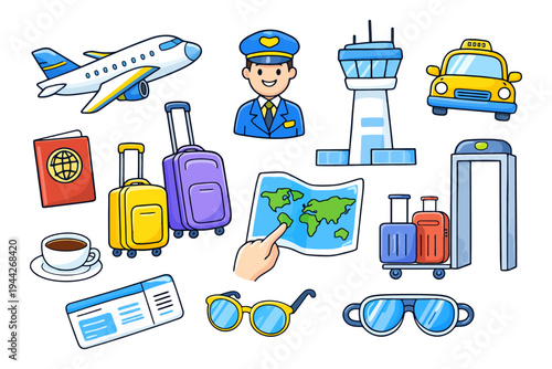 Airport travel icons featuring luggage, pilot, airplane, passport, and security checkpoint.