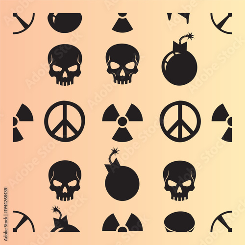 Collection of dark symbols and icons with skulls bombs and peace signs