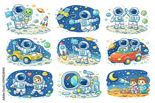 Cartoon astronauts exploring space with vehicles and rockets.