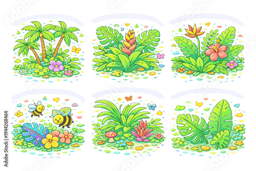 Vibrant tropical plants and flowers with playful bees in lush garden.