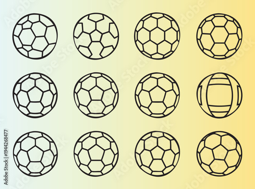 Collection of geometric soccer balls in various styles and perspectives