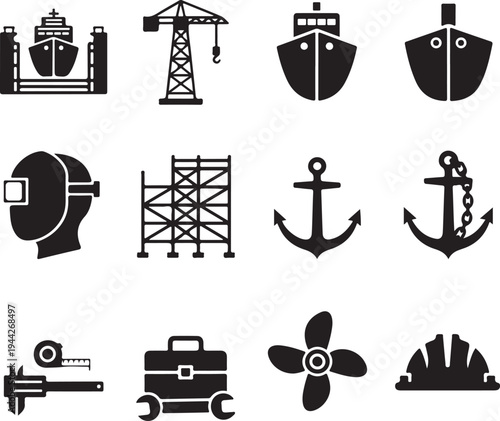 Black and white icons of various nautical and industrial objects