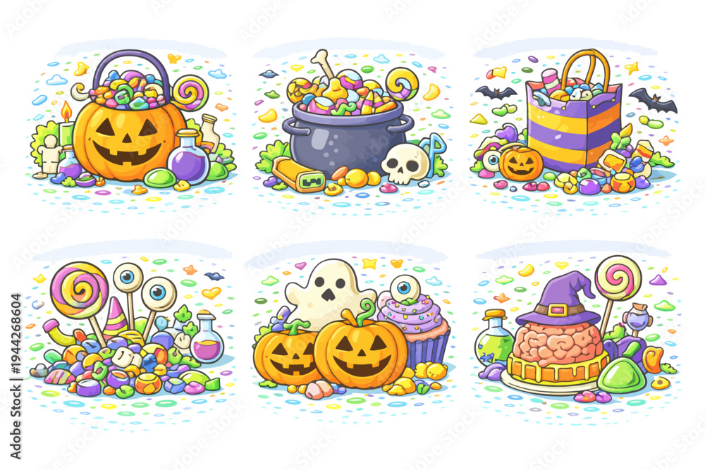 Fototapeta premium Spooky halloween candy collection with pumpkins, cauldron, and ghost designs.