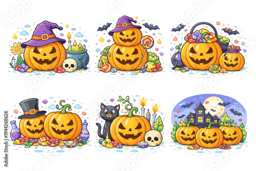Whimsical halloween pumpkins with candy and decorations.